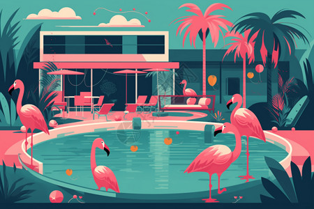 轨道鸟游泳池边上的鸟插画