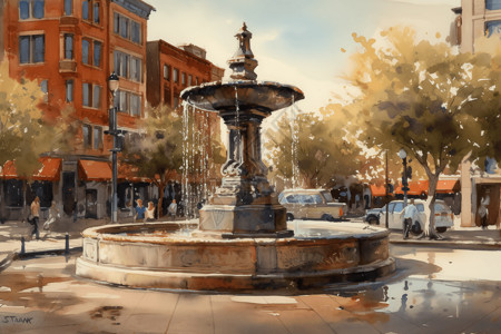 小区喷泉广场中心的喷泉插画