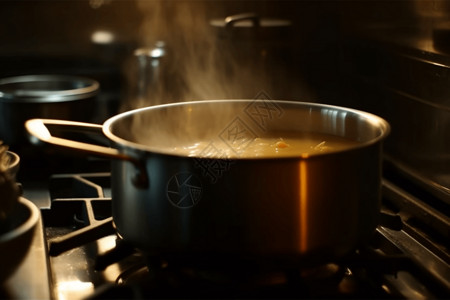 一锅汤锅中冒出热气的汤背景
