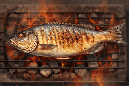 烤海鲜火焰上的烤鱼插画