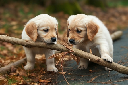 两只小狗金毛去咬树枝背景图片