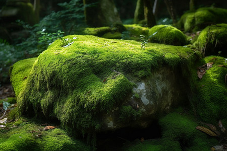 苔藓微景观森林中苔藓覆盖的石头背景