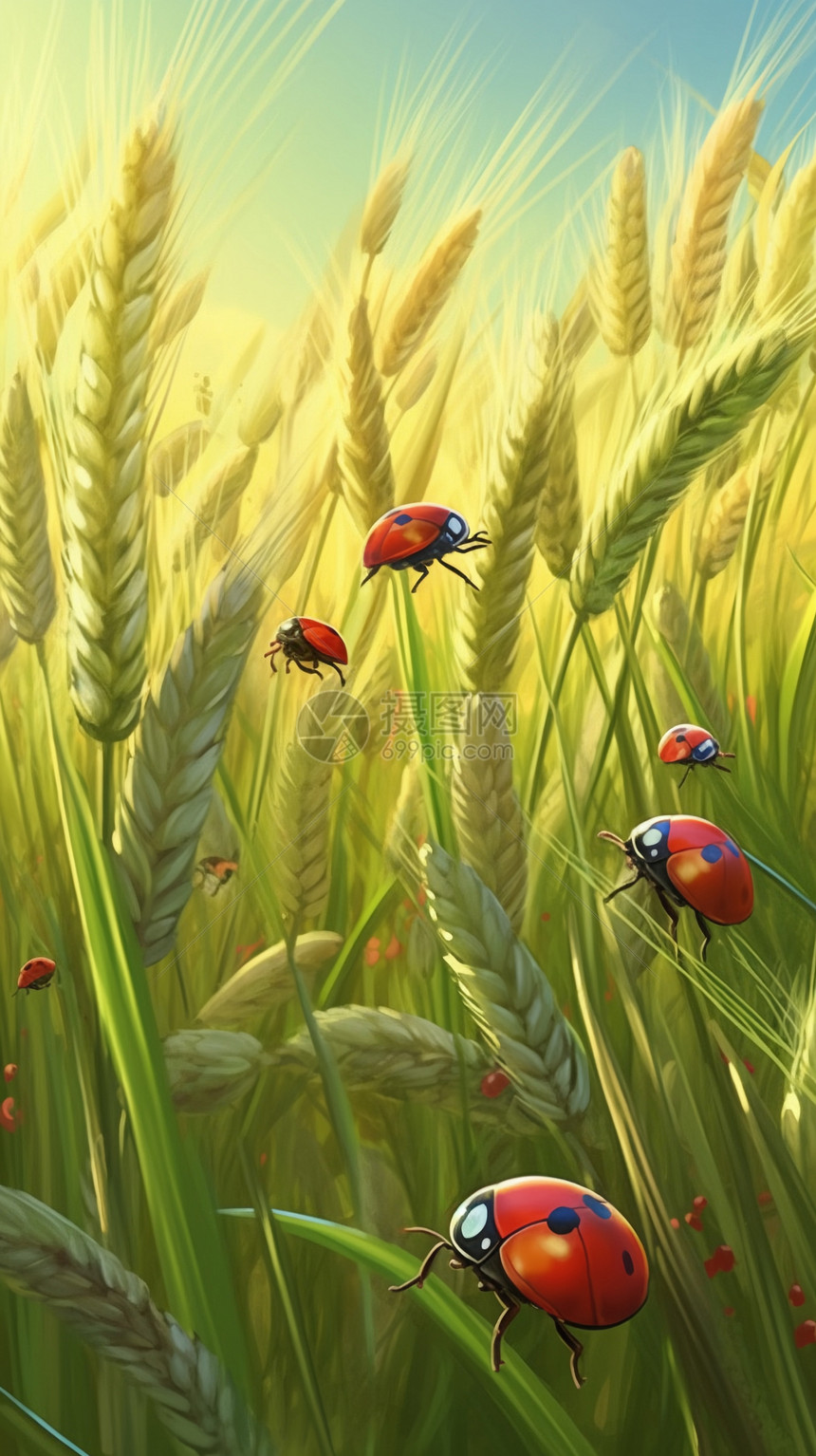 绿色麦田中的瓢虫插图图片