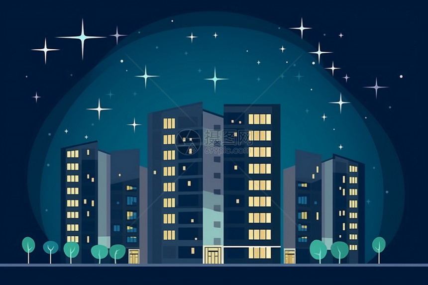 夜间城市建筑物的插图图片