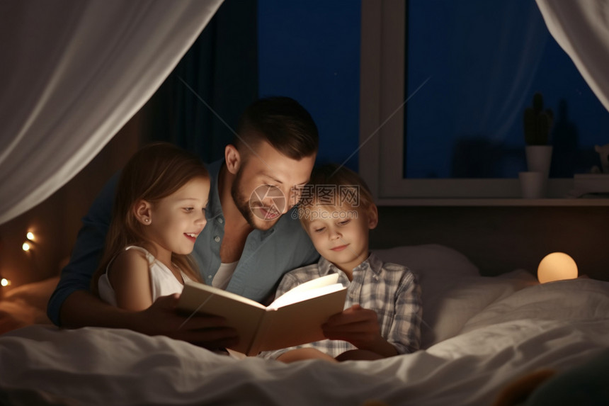 父亲和他的小孩在家读睡前故事图片图片
