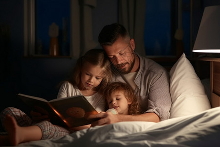 父亲和他的小孩在家读睡前故事图片