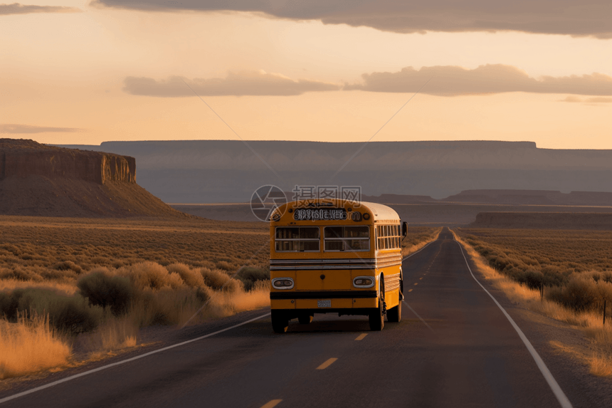 一辆校车沿着道路行驶，背景是充满活力的平坦景观。图片