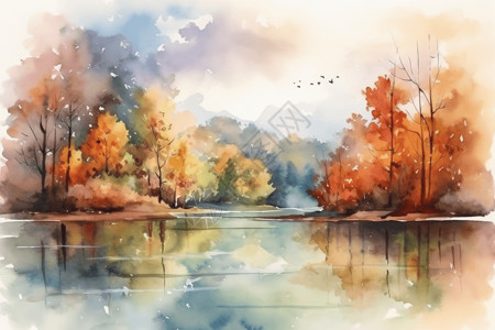 湖边美丽的秋树图片