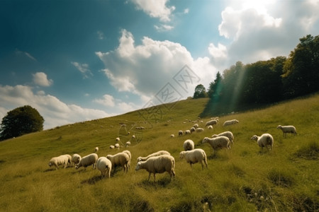 在山上吃草的绵羊大树高清图片素材
