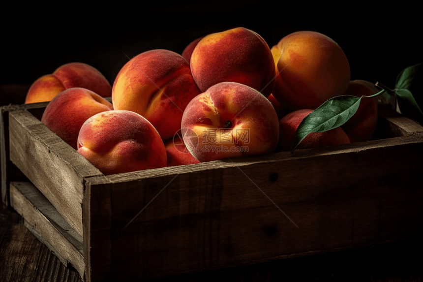 木箱里新鲜的桃子图片