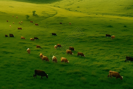 在牧场吃草的奶牛辽阔高清图片素材