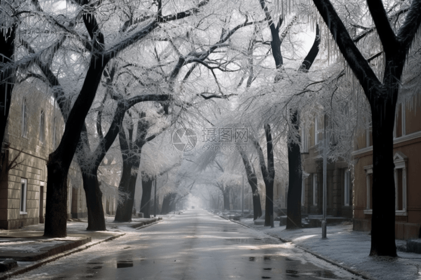街道覆盖着冰雪的树木图片