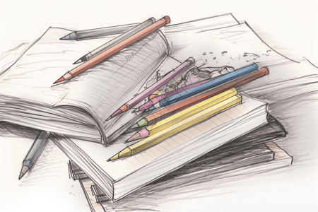 铅笔素描风格的教科书和笔记插图图片