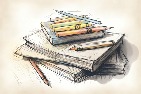 铅笔素描风格的教科书和笔记图片
