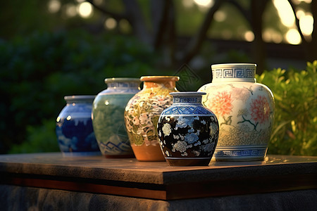 中国传统园林为背景的精美陶瓷图片