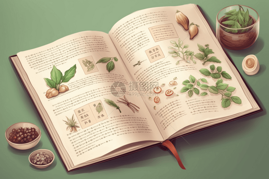 传统中药食谱书的平面插图图片
