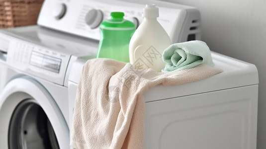 洗衣机上的洗涤剂和毛巾图片