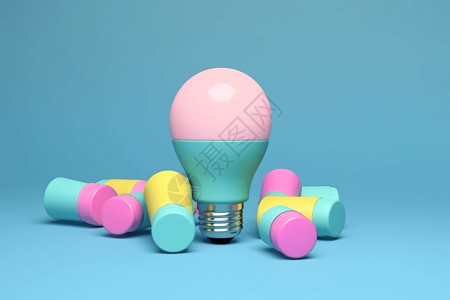创意概念彩色灯泡与电池隔离柔和蓝色背景最小风格3d背景图片