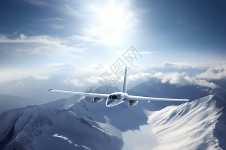 在雪山山脉上飞翔的飞机3D概念图图片