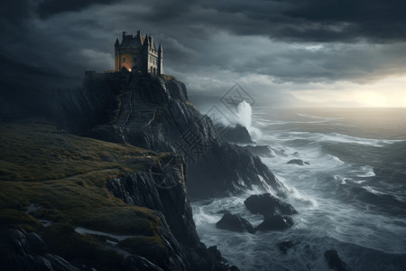 大海暴风雨悬崖上的古老城堡设计图片