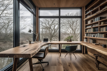 木质书桌和落地窗图片