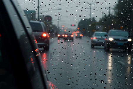 城市中雨天车窗外的街景图片