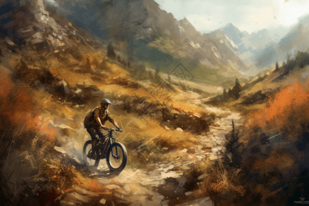山地自行车手在山间越野艺术插图背景图片