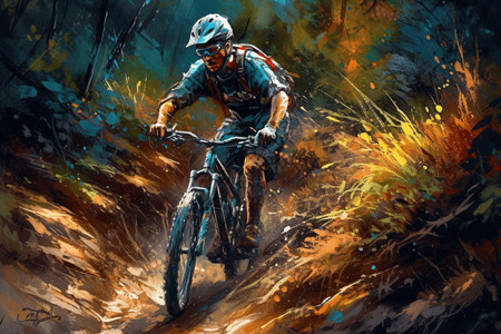 骑行山地车穿越丛林艺术插画背景图片