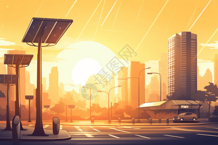 温馨汽车温馨太阳能充电站插画