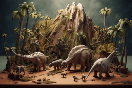 恐龙和火山的模型背景图片