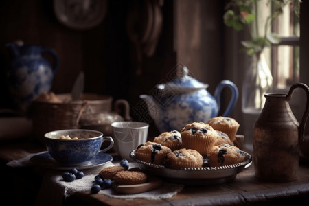 蓝莓松饼和茶图片