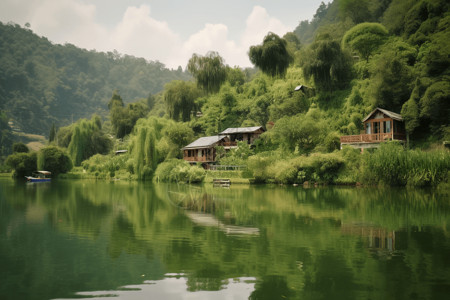 湖水和山峦植物和古朴的小屋设计图片