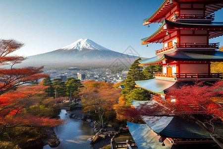 秋天的富士山和Nakaritota寺高清图片