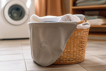 浴室地板上有脏毛巾的洗衣篮背景图片