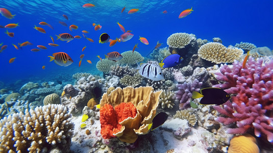 海洋日海底的热带鱼和珊瑚设计图片