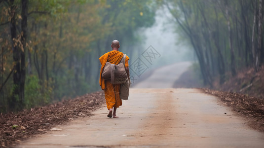 佛教僧侣走在森林的道路上图片