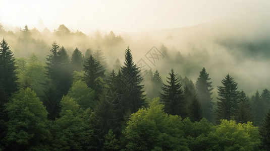 雾状云杉中的松树林图背景图片