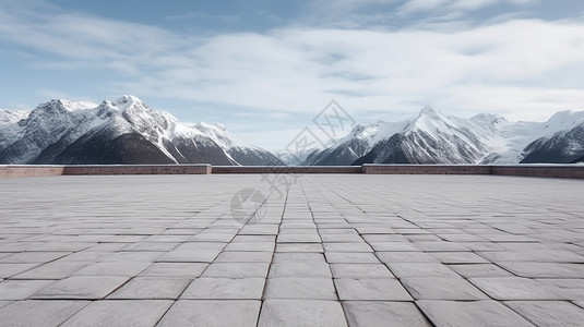 空地板以雪山为背景的空砖地板图背景