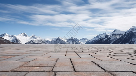 空地板以雪山为背景的空砖地板背景