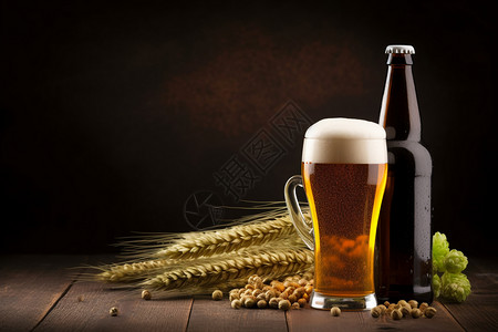 啤酒杯和带有麦芽和啤酒花的瓶子图片