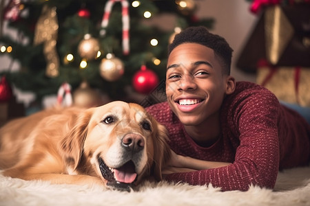 外国男人和狗狗共度圣诞节图片图片