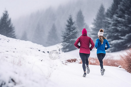 跪在地上的女孩女孩们在雪地上奔跑背景