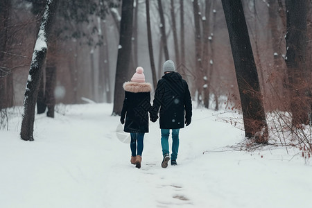 冬季公园散步的情侣图片