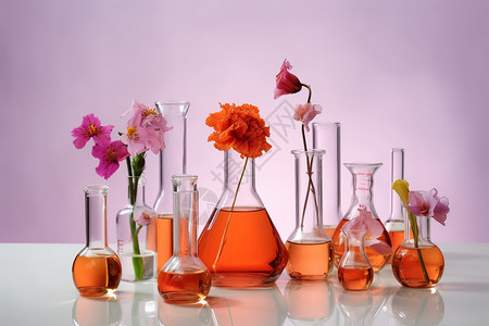 实验室玻璃器内的鲜花设计图片