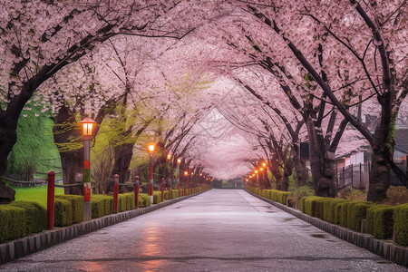 路旁美丽的樱花树图片