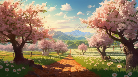 果树开花盛开的果园景象插画
