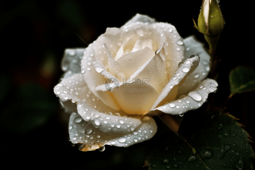 露珠白玫瑰的特写图片