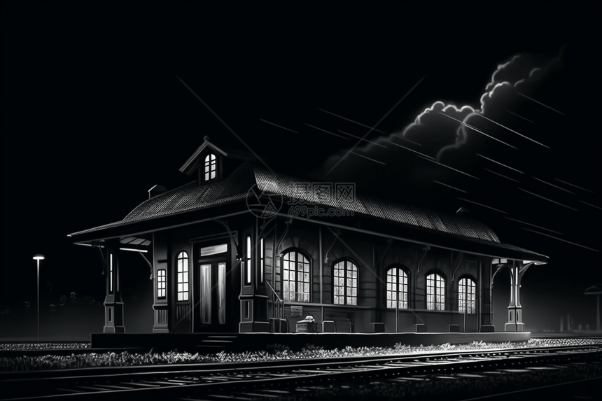 夜间黑白色的火车站图片