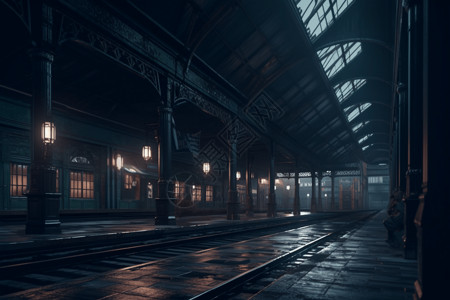 夜晚空荡荡的火车站图片