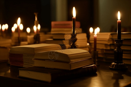 烛台灯光温暖灯光下的书籍设计图片